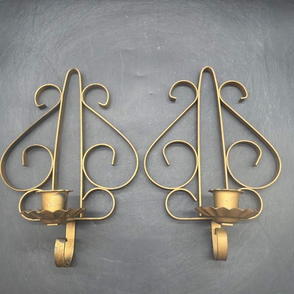 Home Interiors Other - 2 Vtg MCM Gold Tone Metal Wall Candle Holders Flower Sconce Retro Home Interior